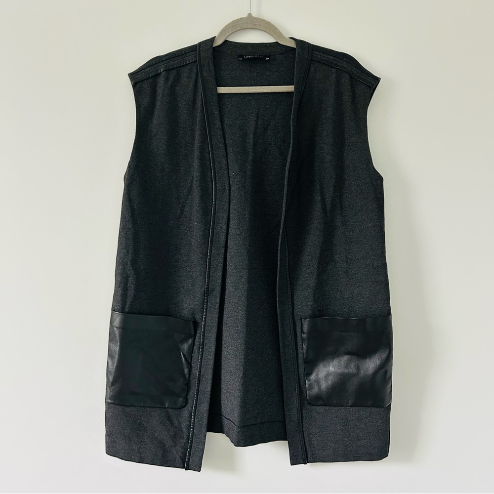 Lafayette 148 New York Grey Black Viscose Faux Leather V Neck Open Sweater Vest